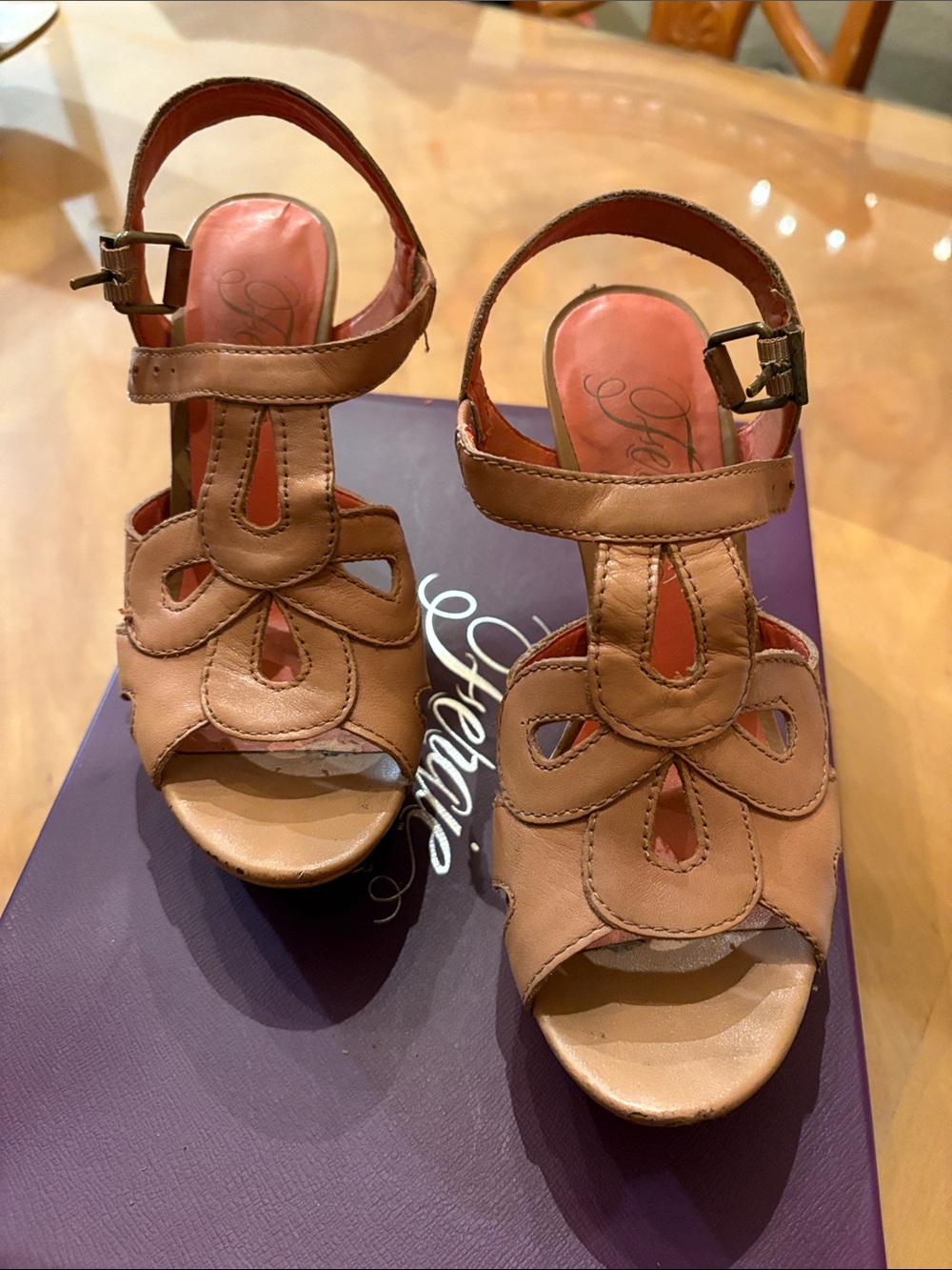 Fergie Tan Floral Cutout Leather Sandals